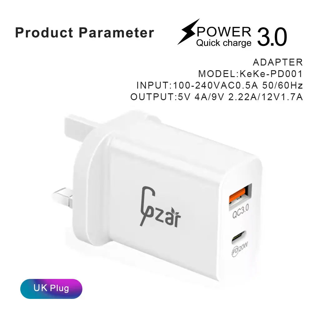 Gzar PD 20W USB C Wall Charger UAE - QC 3.0 USB + Type C PD3.0 Dual Port - GZARGZAR