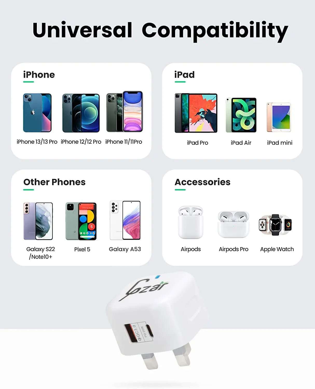 Gzar PD 20W Wall Charger UAE - QC 3.0 USB + Type USB C PD3.0 Dual Port - GZARGZAR