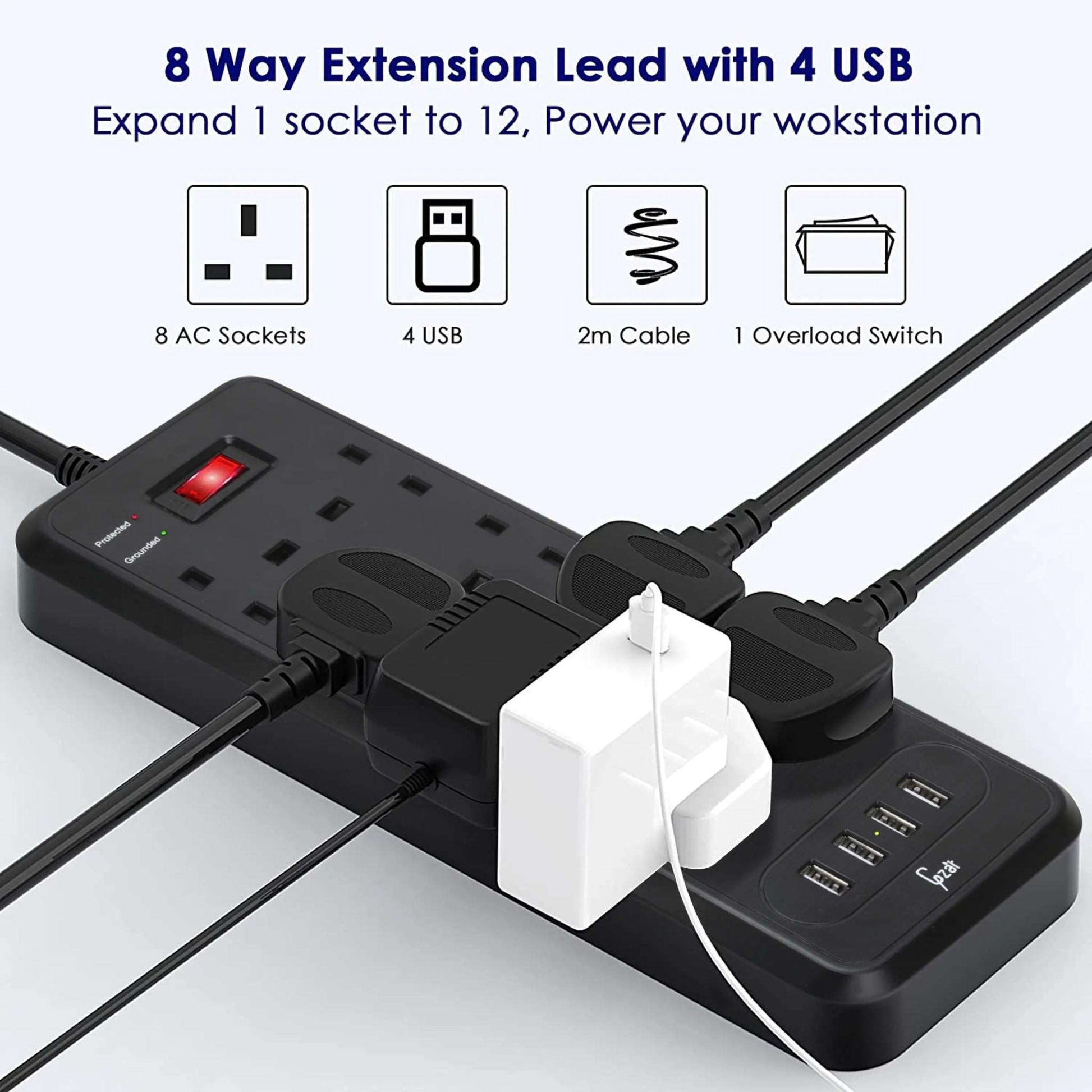 Gzar Protected Extension Cables/Cords/Lead UAE 8 Way Plug Extension & 4 USB - GZARExtension LeadGZAR WORLD