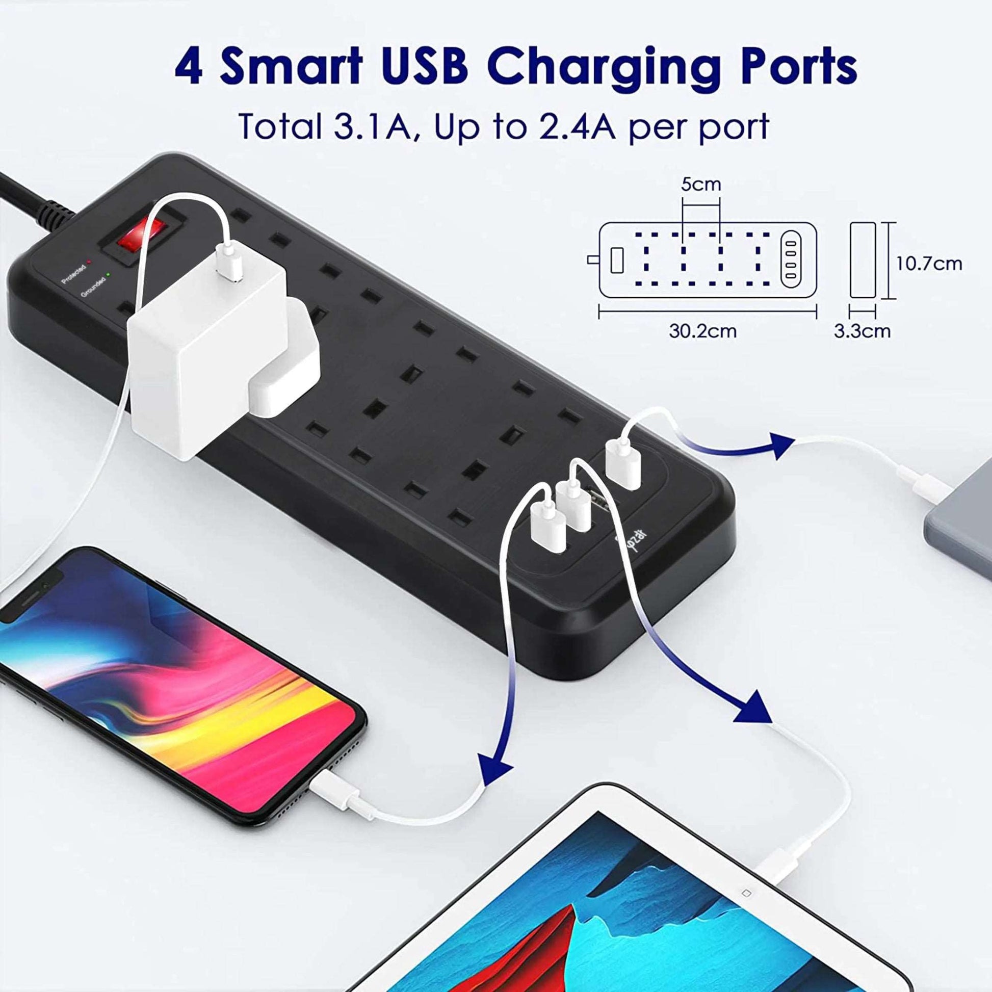 Gzar Protected Extension Cables/Cords/Lead UAE 8 Way Plug Extension & 4 USB - GZARExtension LeadGZAR WORLD