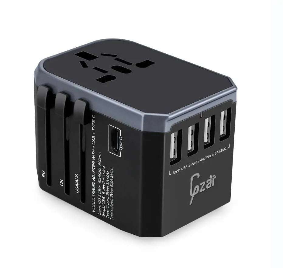 UNIVERSAL TRAVEL Adapter Black Travel plug (4 USB - 1 C) _ GZAR - GZARTravel AdapterGZAR WORLD