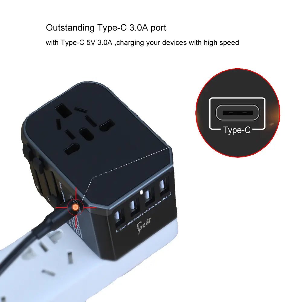 UNIVERSAL TRAVEL Adapter Black Travel plug (4 USB - 1 C) _ GZAR - GZARTravel AdapterGZAR WORLD